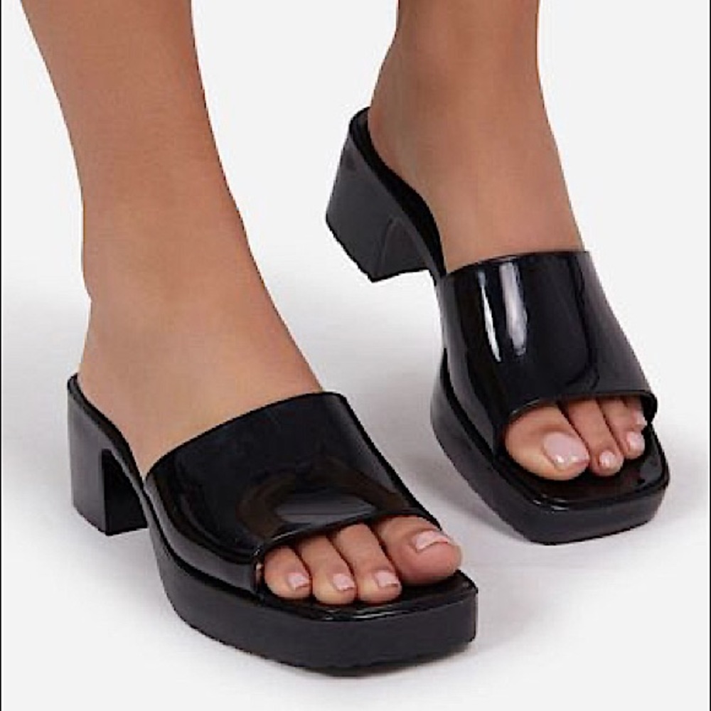 EGO Black Block Heeled Peep Toe Mule
